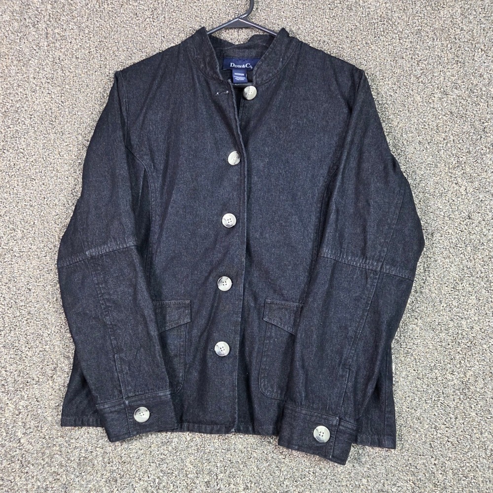 Denim & Co Jacket Womens Medium Black Denim Mock Neck Button Front Flap Pockets